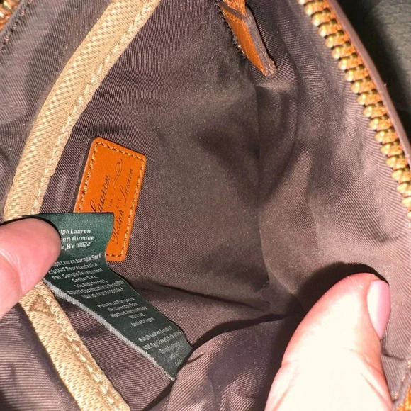 RALPH LAUREN Light Khaki/Tan Signature Canvas Swing Pack Crossbody Leather Trim - Picture 12 of 15